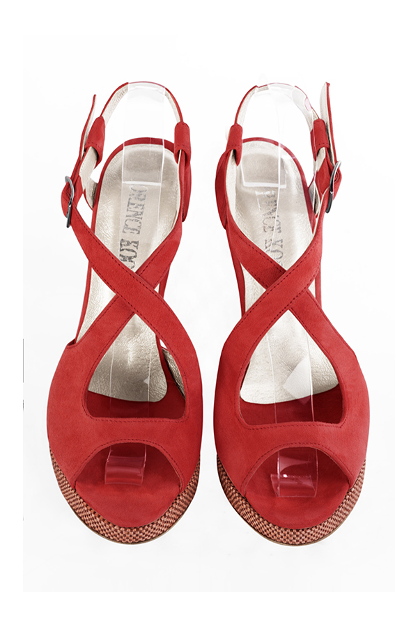 Scarlet red women's open back sandals, with crossed straps. Round toe. Very high slim heel with a platform at the front. Top view - Florence KOOIJMAN